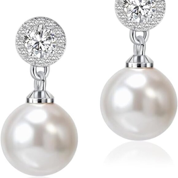 Pearl Drop Earrings Imitation Diamond Dangle Bridal Bridesmaid Jewelry - Picture 1 of 8